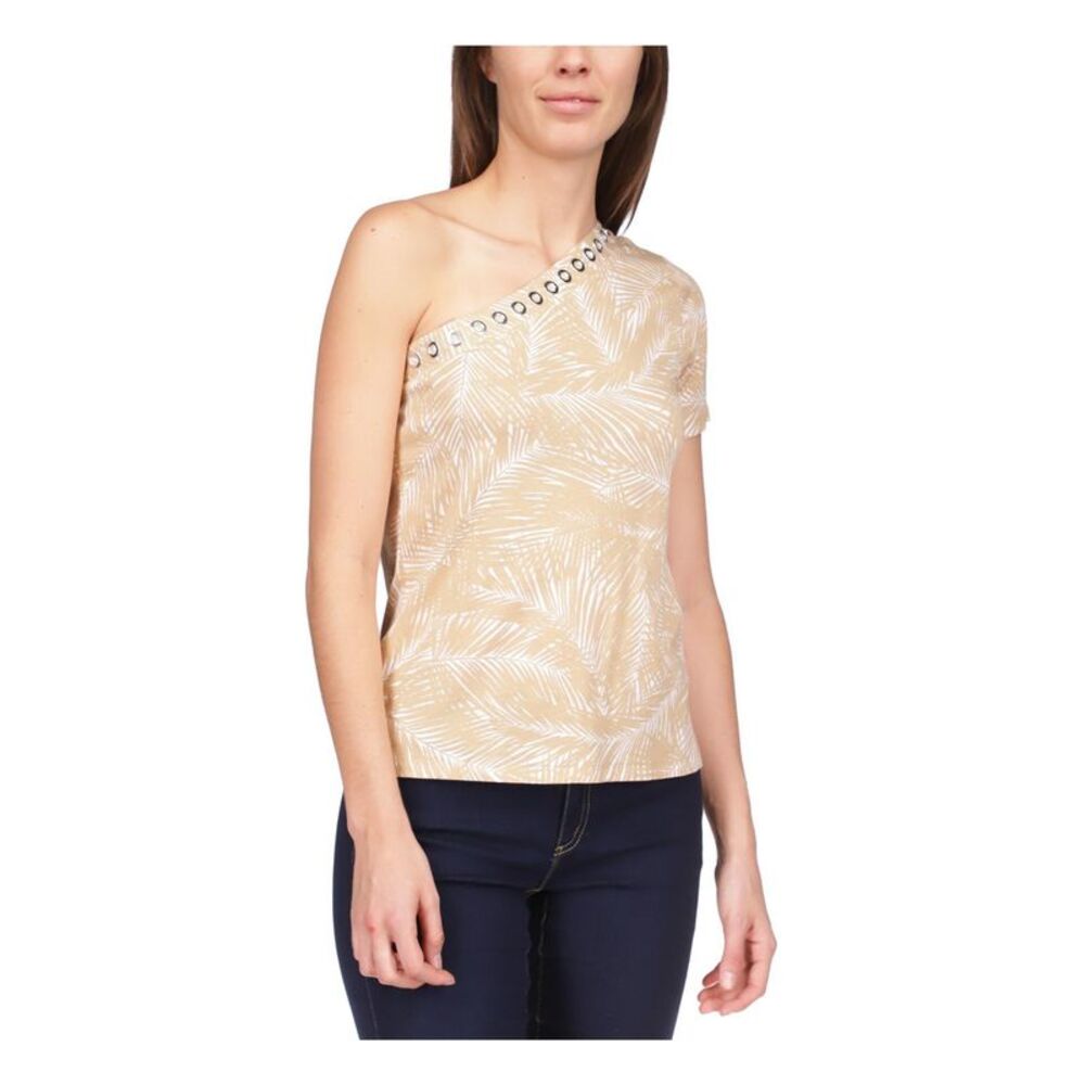 MICHAEL MICHAEL KORS Womens Beige Logo Tab Grommet Short Sleeve Top XS
